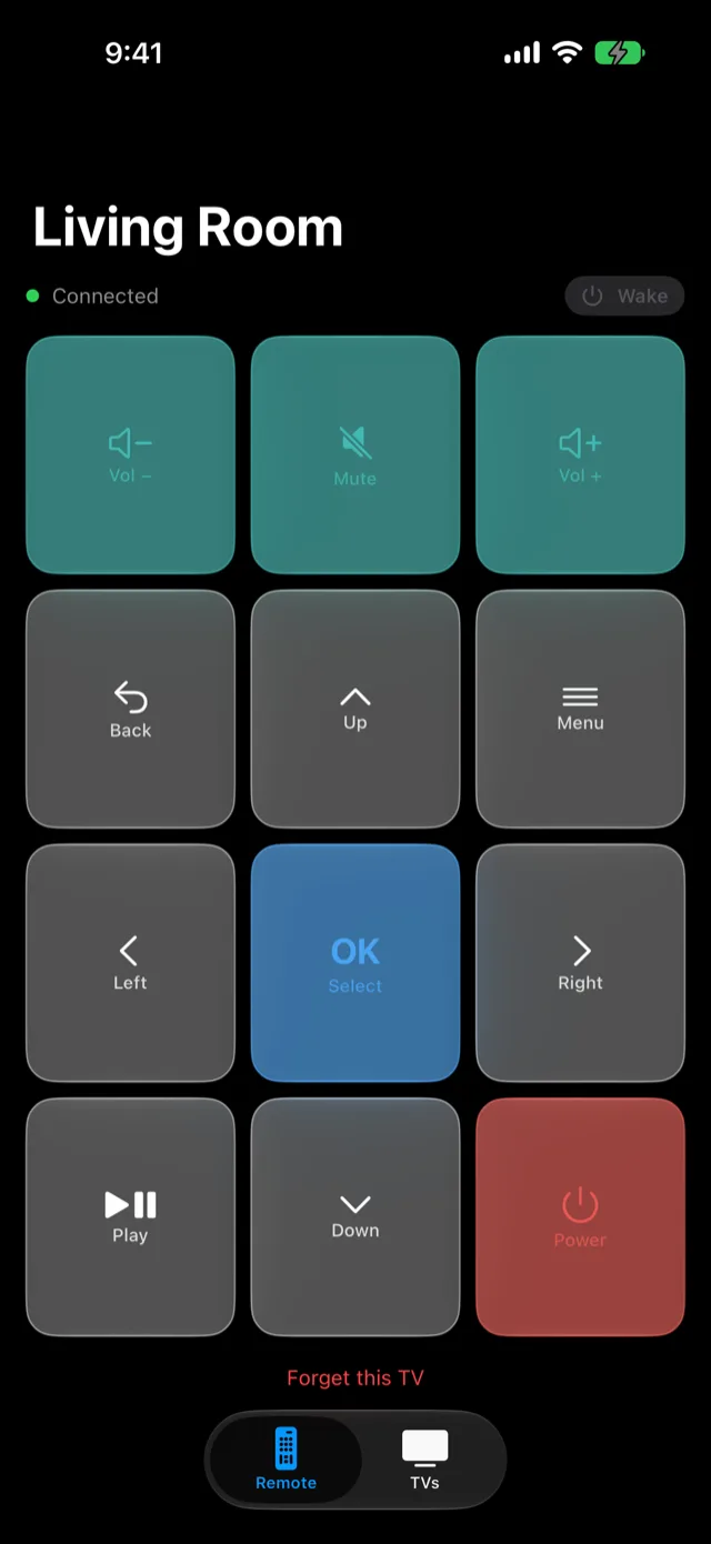 The Remote screen of Remote by Hand on an iPhone in dark mode: the Living Room TV shown as connected, with keys for volume, mute, back, up, menu, left, OK, right, play and pause, down and power.