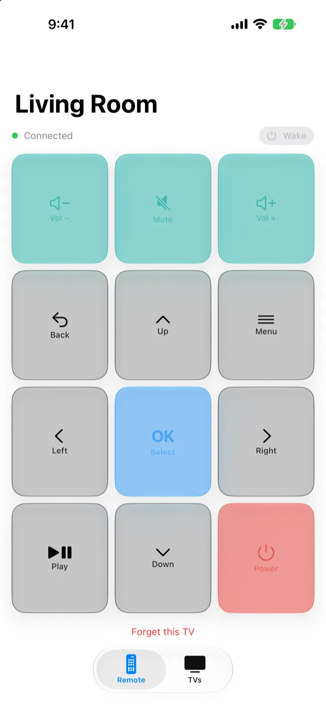 The Remote screen of Remote by Hand on an iPhone in light mode with the Living Room TV connected and the full set of keys.