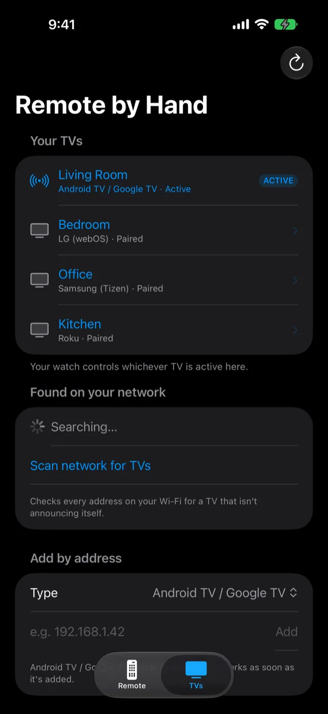 The TVs screen of Remote by Hand on an iPhone in dark mode, listing four paired TVs: Living Room on Android TV marked active, and Bedroom, Office and Kitchen on LG, Samsung and Roku.