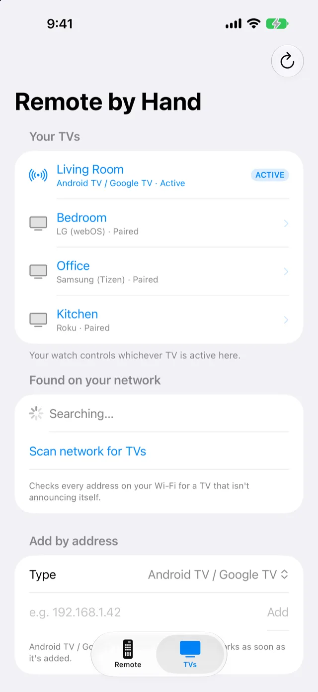 The TVs screen of Remote by Hand on an iPhone in light mode with four paired TVs and the active one marked.