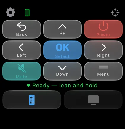 The Remote by Hand Apple Watch app: a grid of keys for back, up, power, left, OK, right, mute, down and menu, with the line Ready, lean and hold below it.