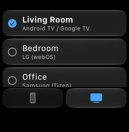 The TVs list of the Remote by Hand Apple Watch app with Living Room ticked as the active Android TV, then Bedroom on LG webOS and Office on Samsung.